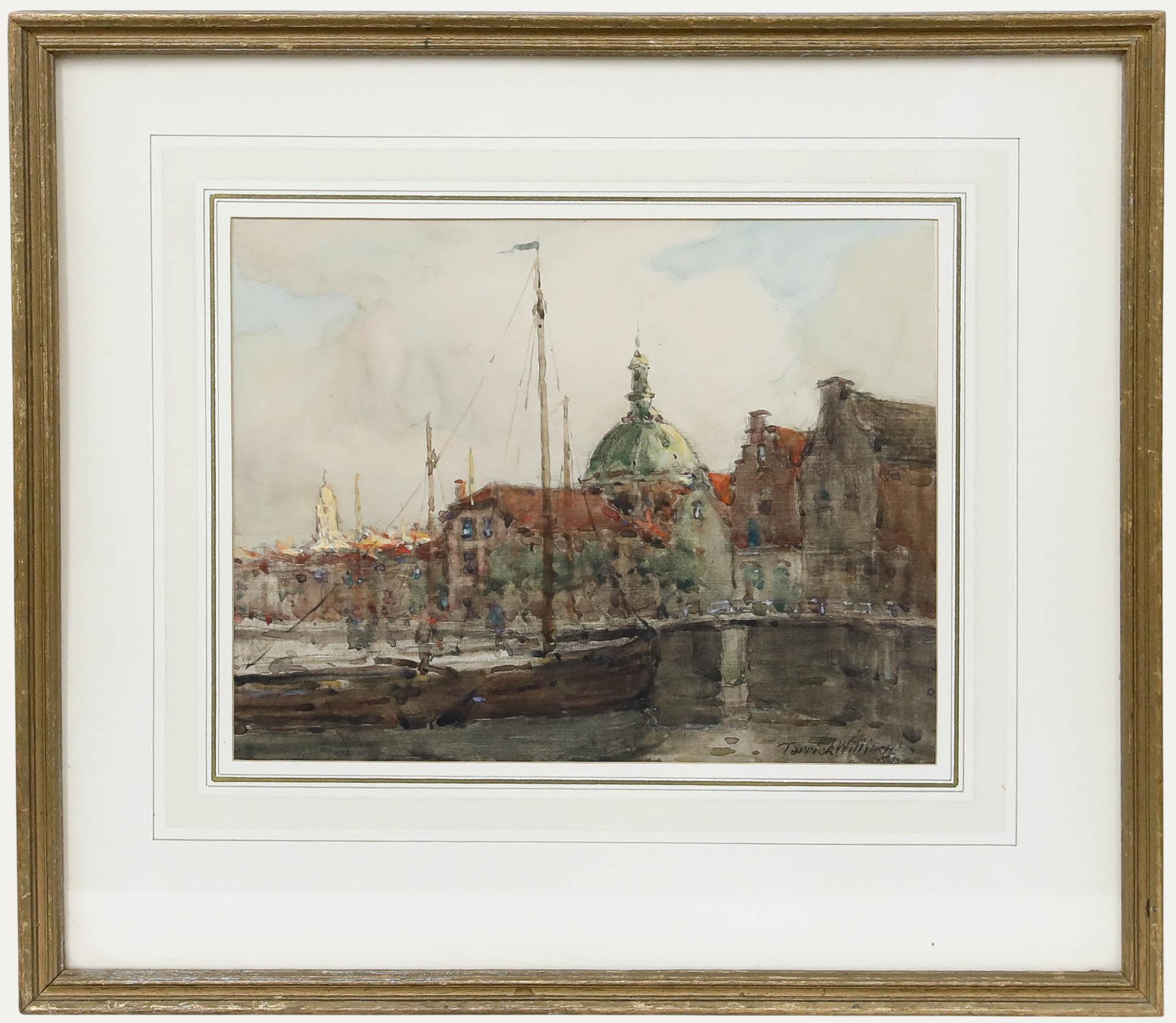 Un acquerello originale dei primi del Novecento di Terrick Williams RA (1860-1936) che raffigura il lungomare di Leida, in Olanda. Firmato in basso a destra e montato in una cornice dipinta in oro con un'etichetta della galleria iscritta verso. Sui