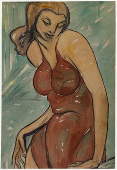 Mid 20th Century Watercolour - Lady in a Red Dress