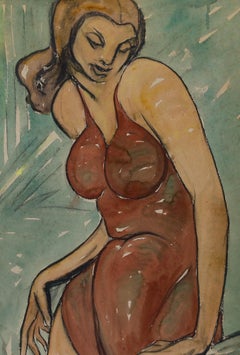 Mid 20th Century Watercolour - Lady in a Red Dress