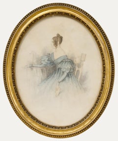 c.1830 Dessin au graphite - Dame en robe bleue