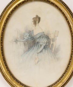 c.1830 Dessin au graphite - Dame en robe bleue