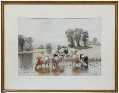 Edward J. Duval (fl.1876-1916) - Gerahmt Aquarell, Viehtränke