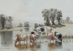 Edward J. Duval (fl.1876-1916) - Gerahmt Aquarell, Viehtränke