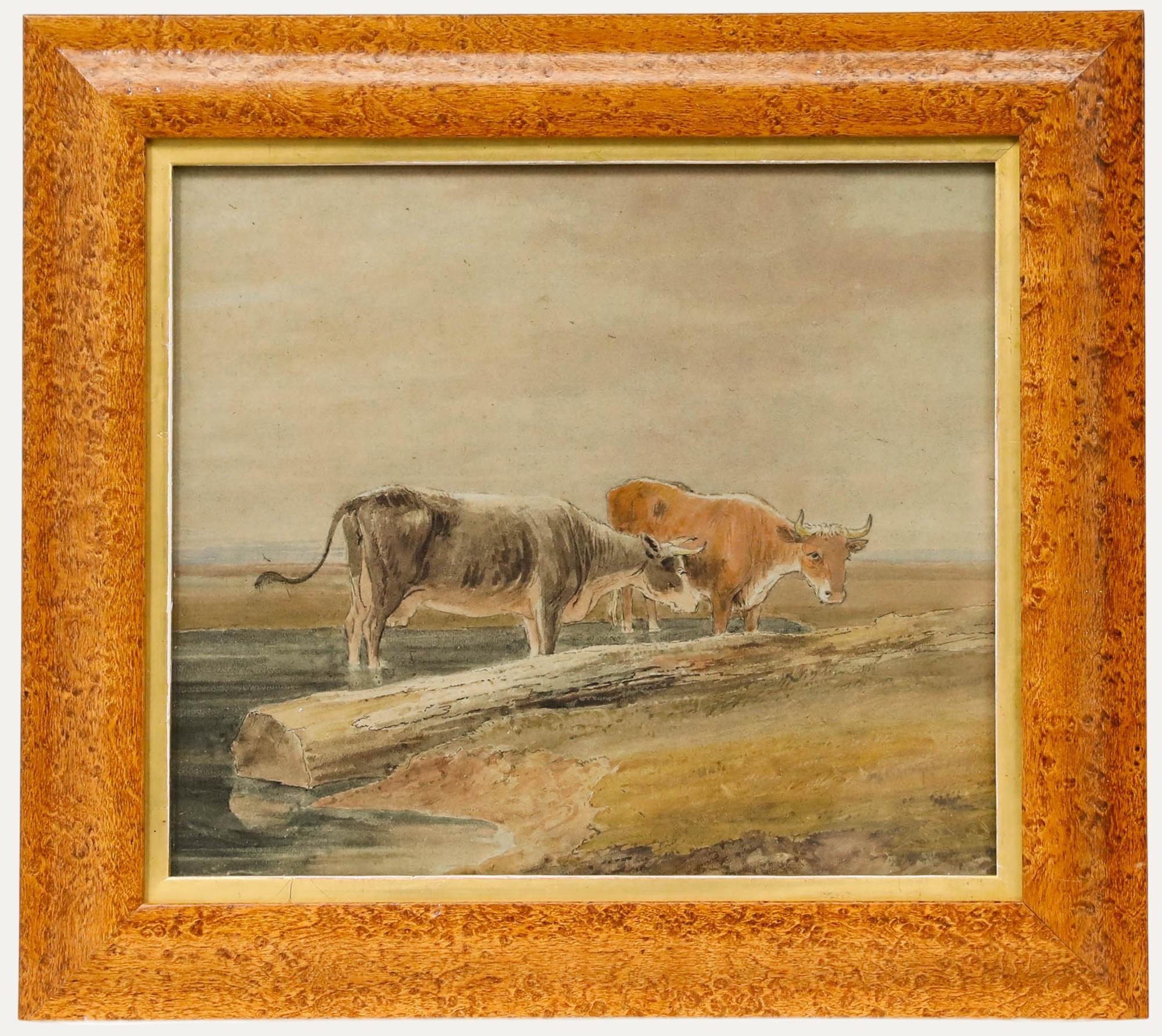 Thomas Sidney Cooper Animal Art - Circle of Thomas S. Cooper (1803-1902) - Watercolour, Cattle Standing in Water