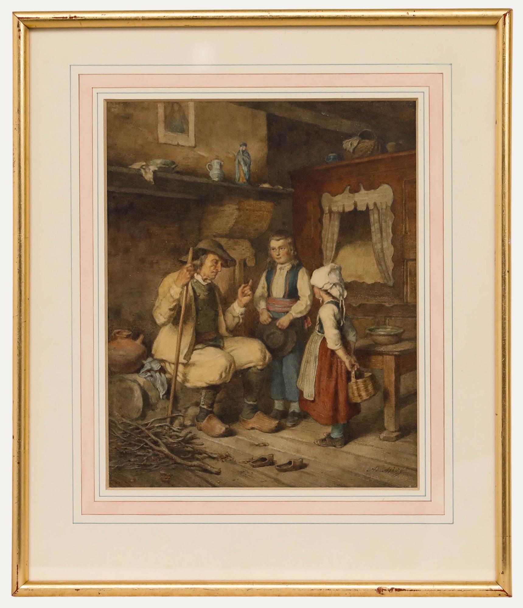 Emmanuel Adolphe Midy (1797-1874) - Framed Watercolour, A Breton Family Cottage