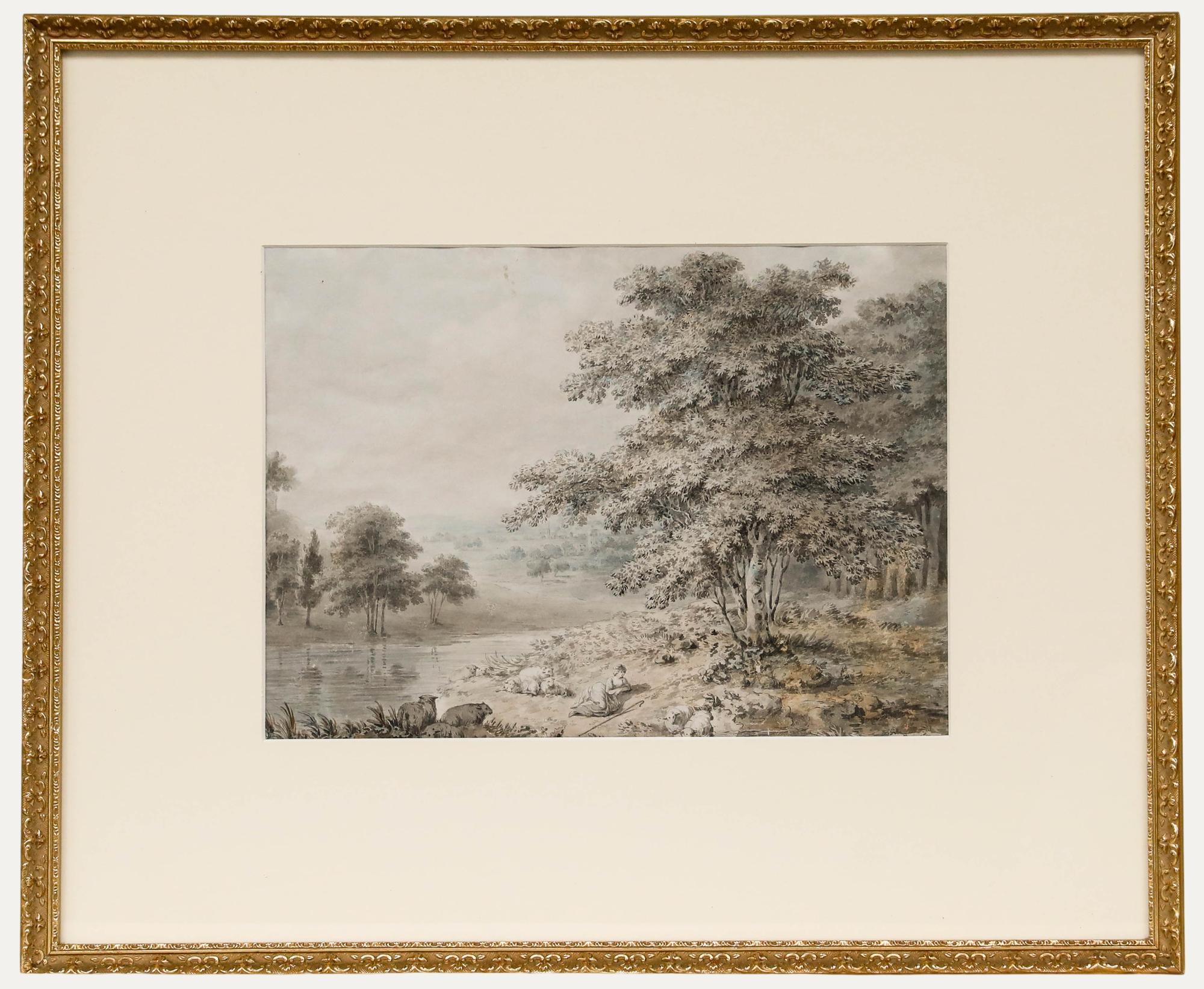 J. Phillips - Framed 1786 Watercolour, Shepherdess Resting by a River