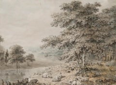 J. Phillips - Framed 1786 Watercolour, Shepherdess Resting by a River