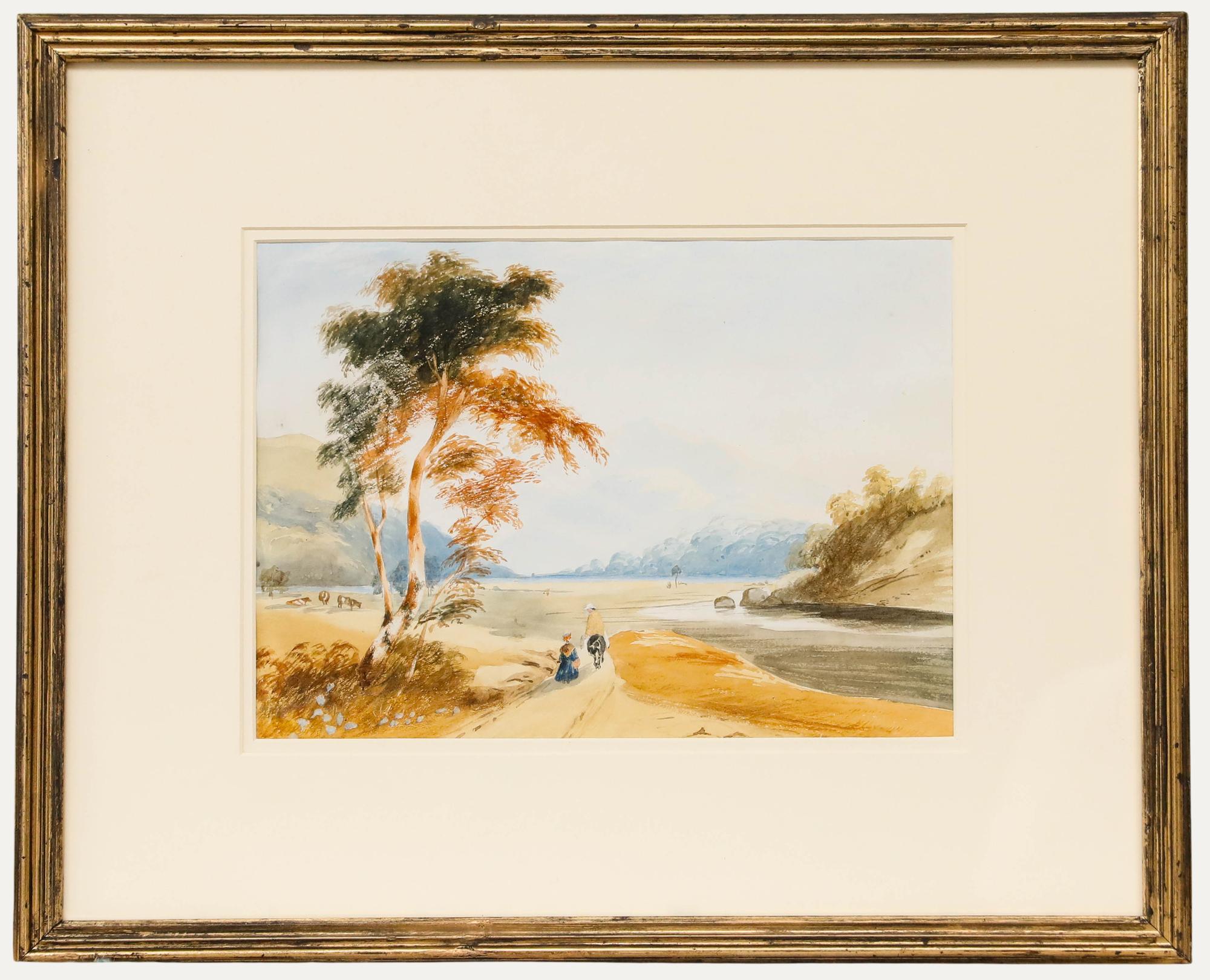 Unknown Landscape Art - Framed 19th Century Watercolour - The Long Road Ahead