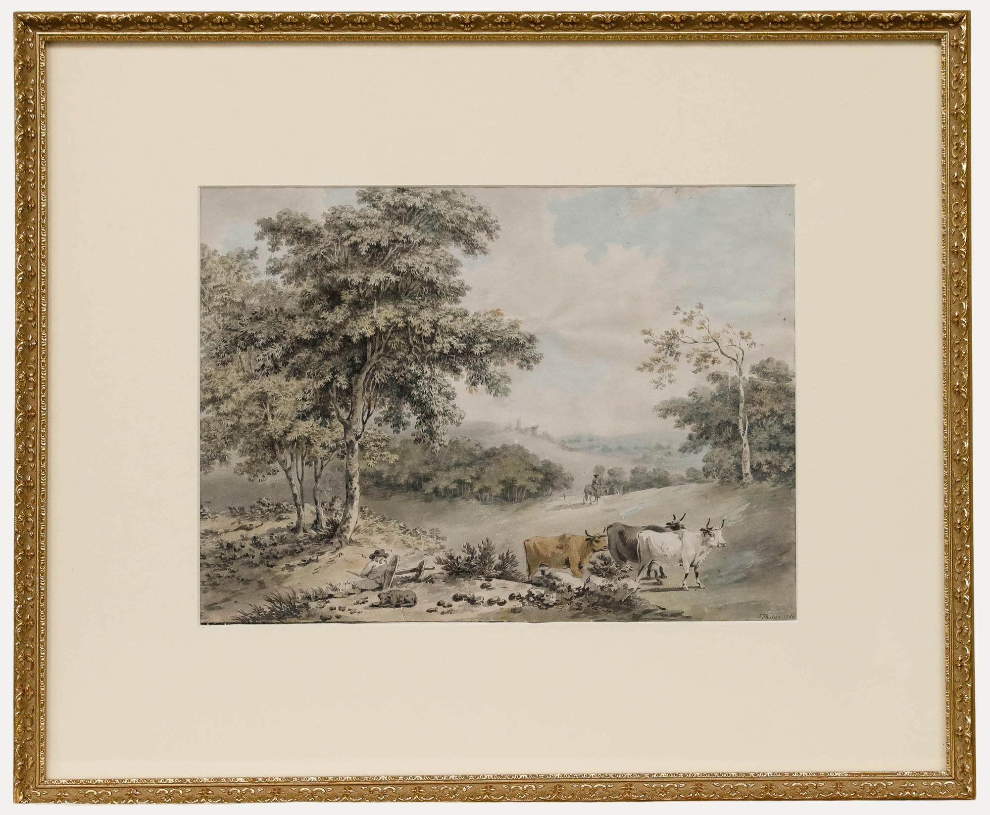 J. Phillips - Framed 1786 Watercolour, Traveller Resting by the Path