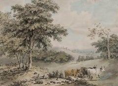 J. Phillips - Gerahmtes Aquarell von 1786, Reisender rastet am Weg