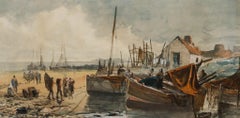 Framed Early 20th Century Watercolour - Tending to the Nets