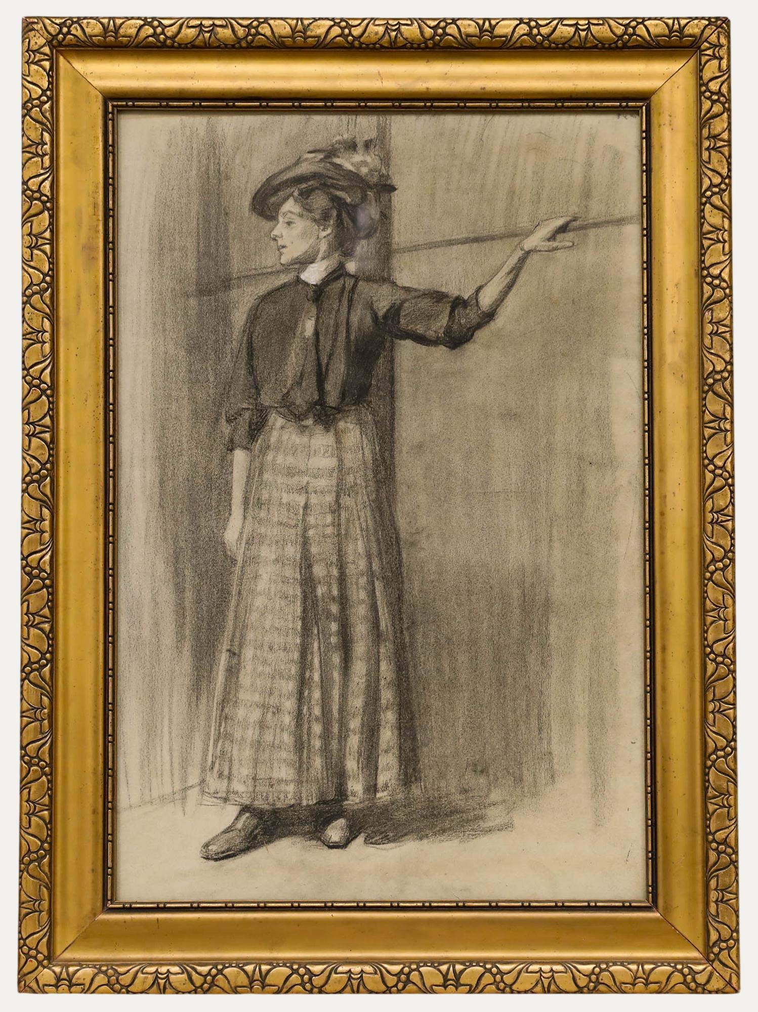 O. Muck (fl.1898-1907) - Dibujo al carboncillo de principios del siglo XX, Una pose elegante
