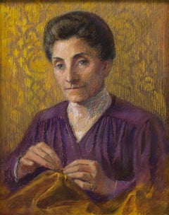 French School Late 19th Century Pastel - Portrait of a Lady Sewing