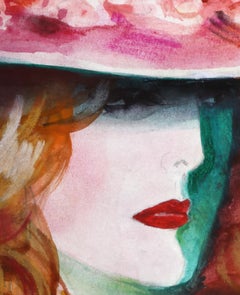 Flower hat Lady, Signed Art Deco Watercolor with pastel on paper by Erik Freyman