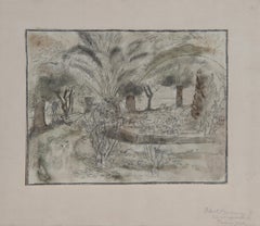 „Park mit Palmen“, impressionistische Bleistiftzeichnung von Eugen von Kahler