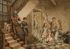 19th Century Watercolour - Children Playing in the Hall