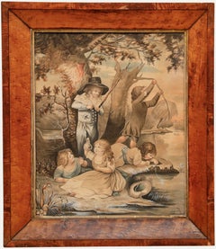 George Morland - Aquarelle du XIXe siècle, « Enfants pêchant »