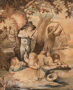 George Morland - Aquarelle du XIXe siècle, « Enfants pêchant »