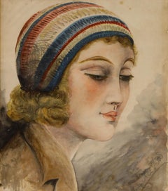 Early 20th Century Watercolour - Girl in a Striped Cap
