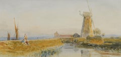 Henry George Hine - Late 19th Century Watercolour, Windmill Overlooking a Canal
