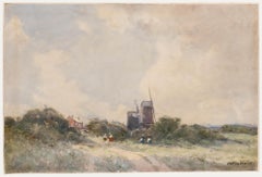 William Tatton Winter - Acuarela de principios del siglo XX, Vista con molinos de viento