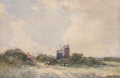 William Tatton Winter - Acuarela de principios del siglo XX, Vista con molinos de viento