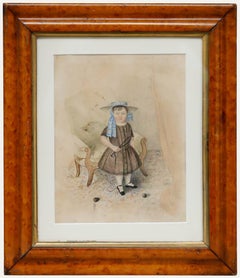 Victorian 1854 Watercolour - Young Boy with a Whip and Top