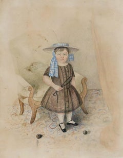 Victorian 1854 Watercolour - Young Boy with a Whip and Top