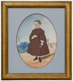19th Century Watercolour - Young Girl Holding a Flower
