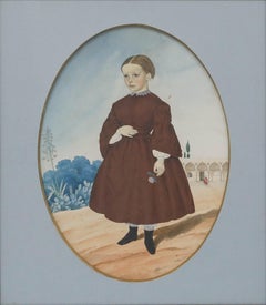 19th Century Watercolour - Young Girl Holding a Flower
