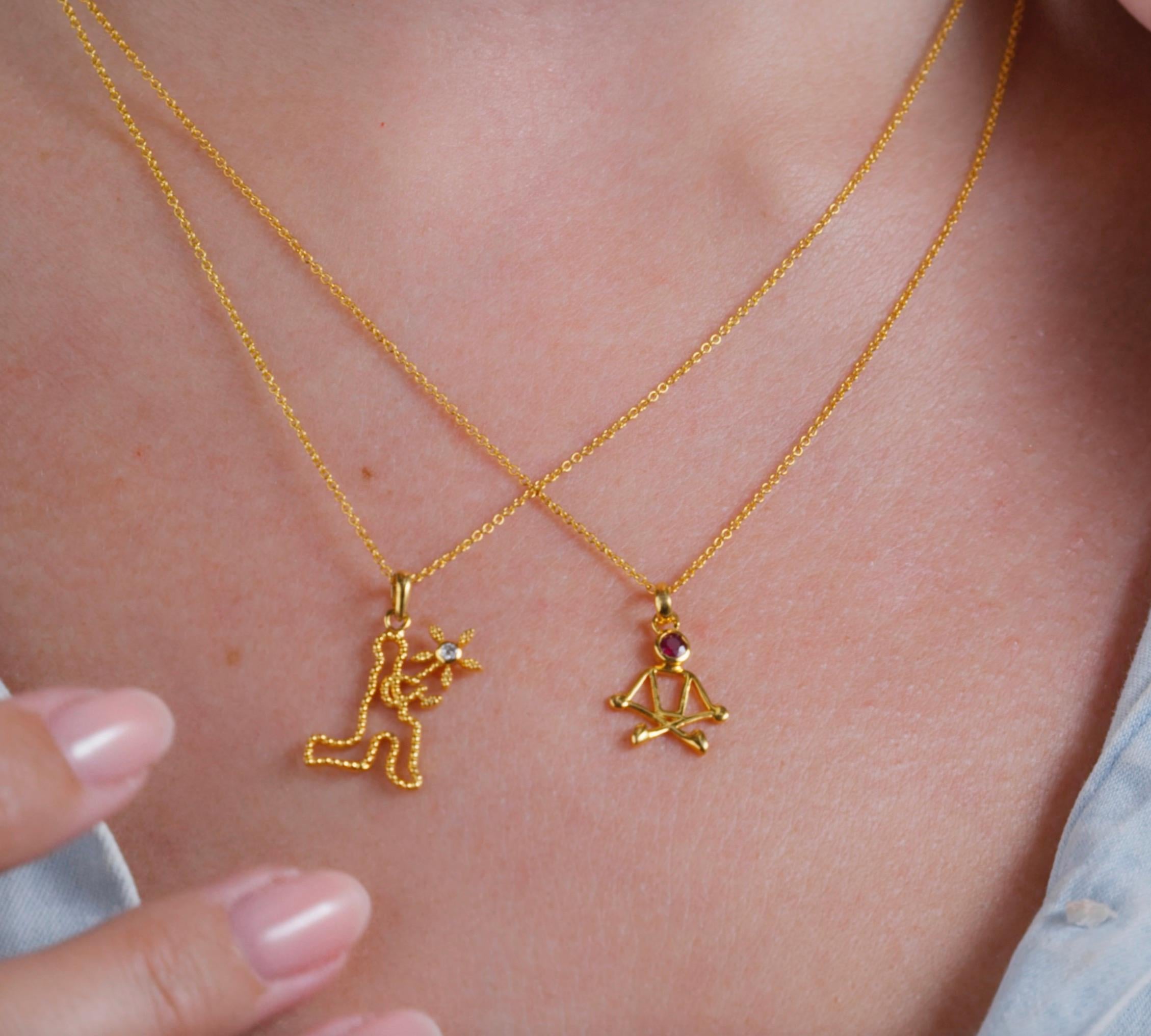 Modern 0.02 Carat Diamond Yellow Gold Stick Figure with Flower Pendant Necklace For Sale