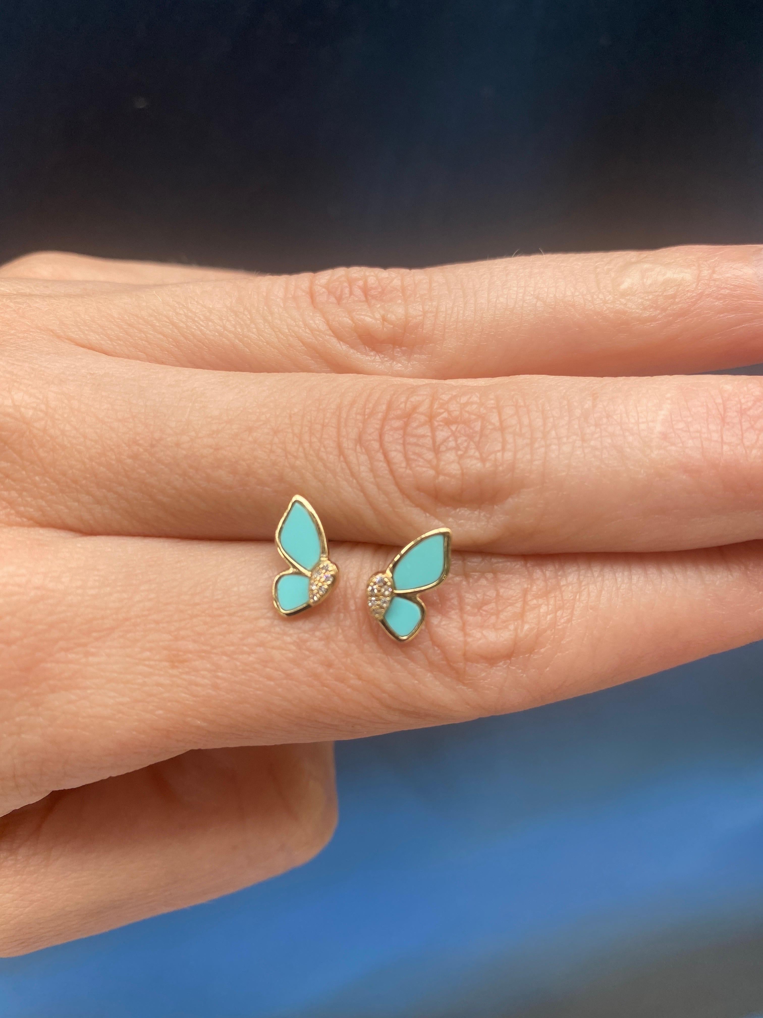 0.02 Carat Total Weight Diamond & Turquoise Enamel Butterfly Stud Earrings In New Condition For Sale In Houston, TX