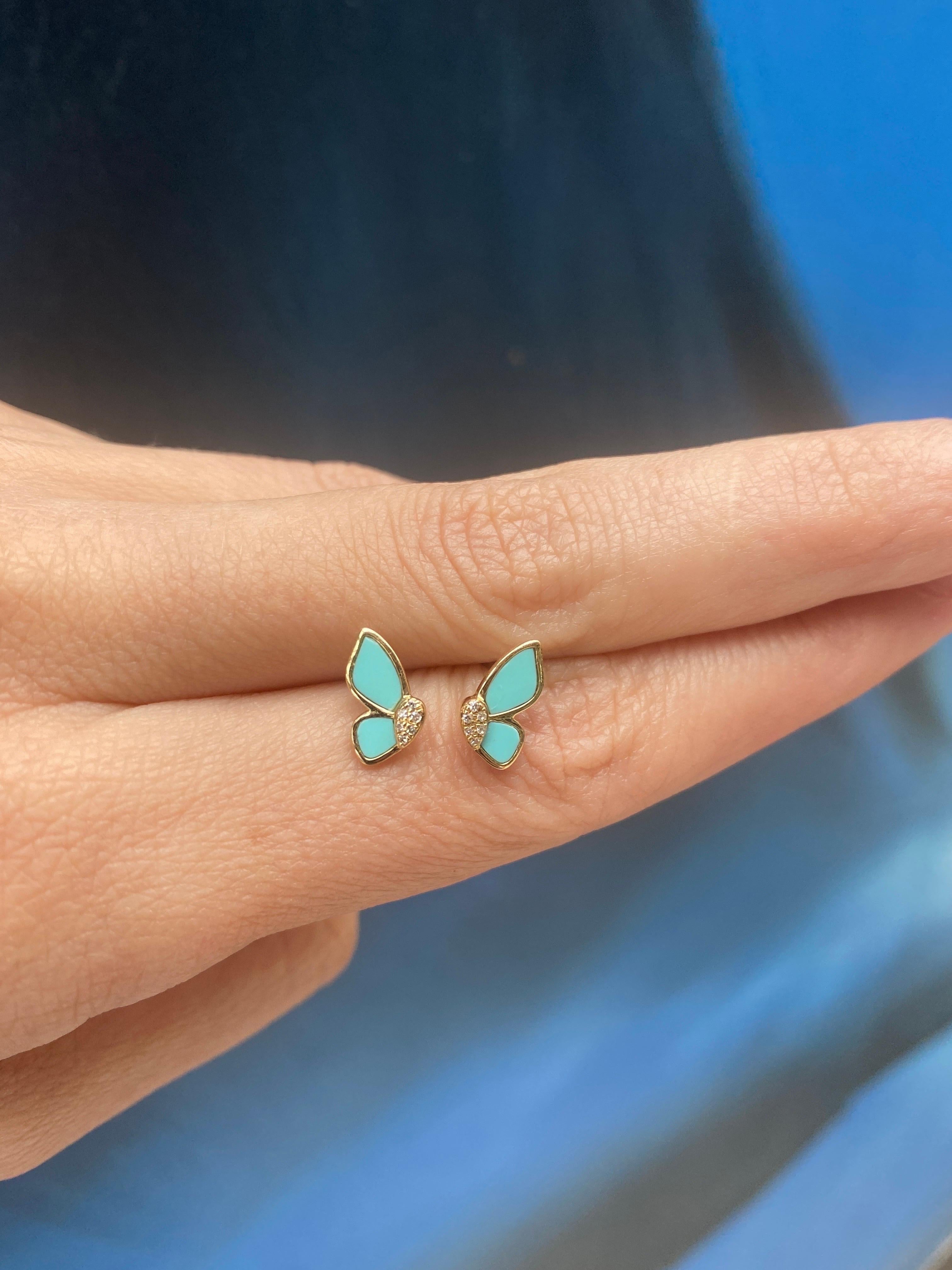0.02 Carat Total Weight Diamond & Turquoise Enamel Butterfly Stud Earrings For Sale 1
