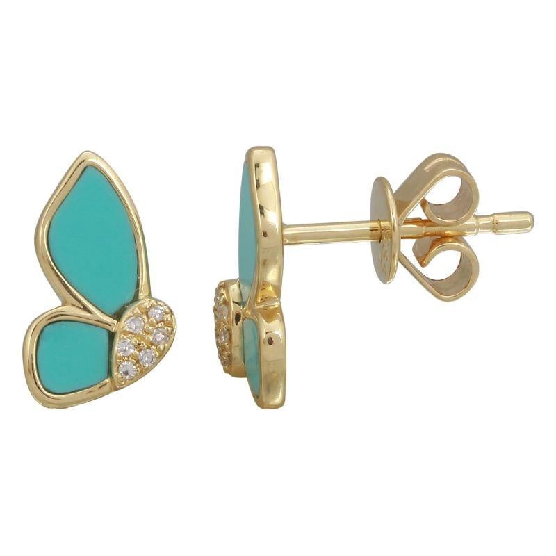 0.02 Carat Total Weight Diamond & Turquoise Enamel Butterfly Stud Earrings For Sale