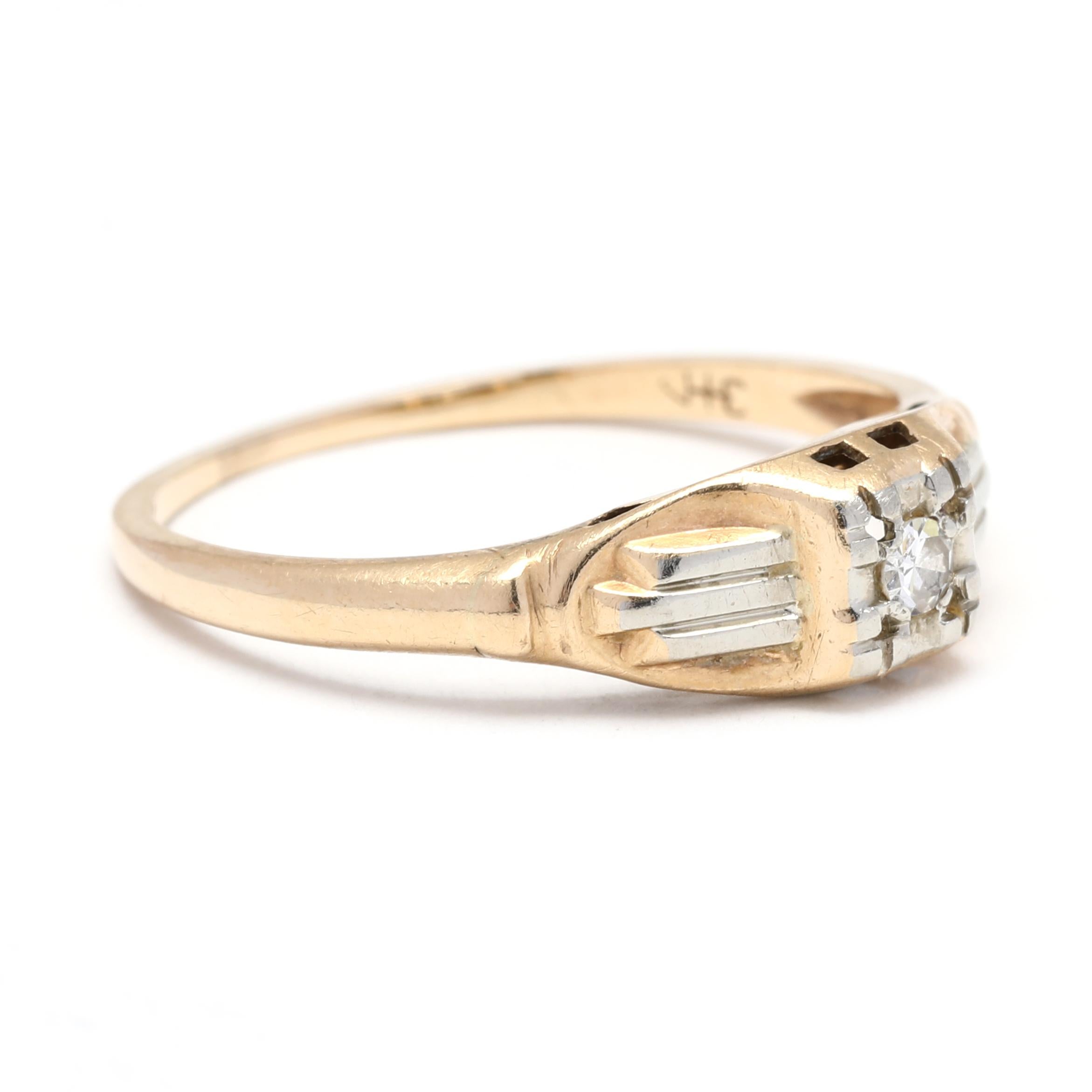This dazzling 0.02ct retro diamond engagement ring is beautifully crafted from 14-18k yellow white gold, making it the perfect gift for your loved one. A sparkly champagne-hued diamond is set on a stylish retro-style yellow gold and white gold