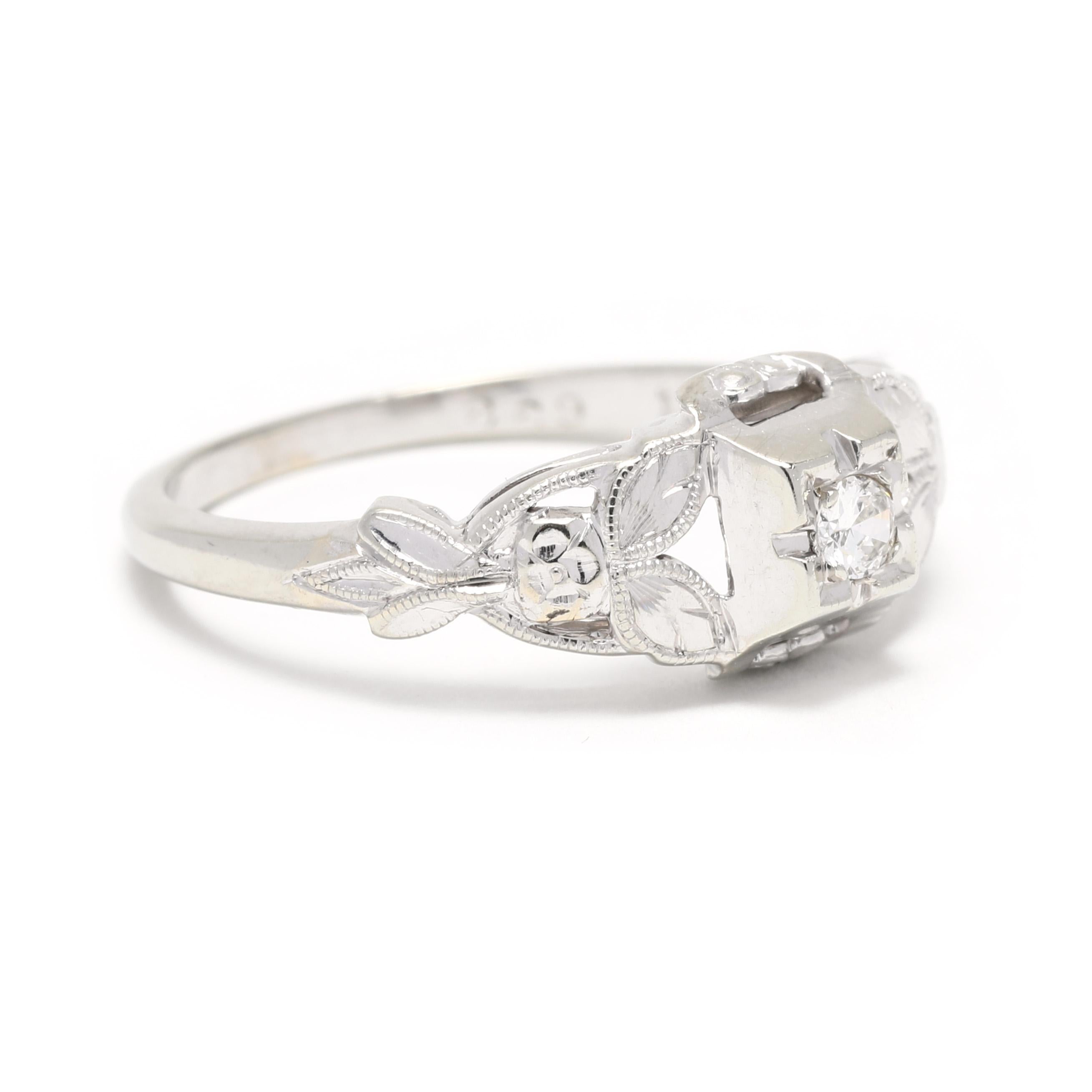 This elegant diamond flower engagement ring is a perfect symbol of love and commitment. The ring is crafted from 18K white gold, ensuring its durability and preciousness. The ring is a size 6.75 and features a simple yet stunning diamond flower