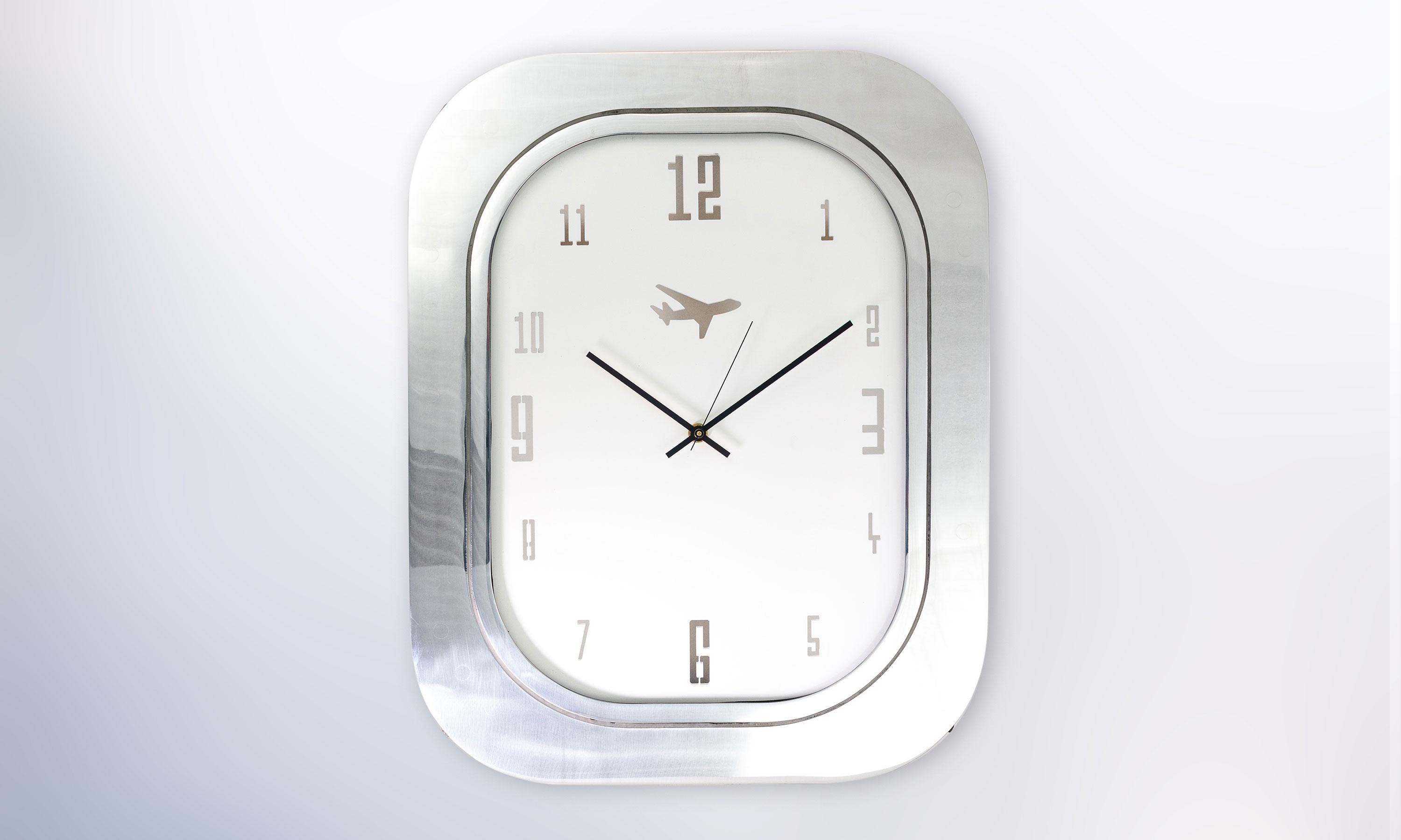 Industrial #003-Boeing 747 Window Clock, Polished Aluminium and White Face For Sale