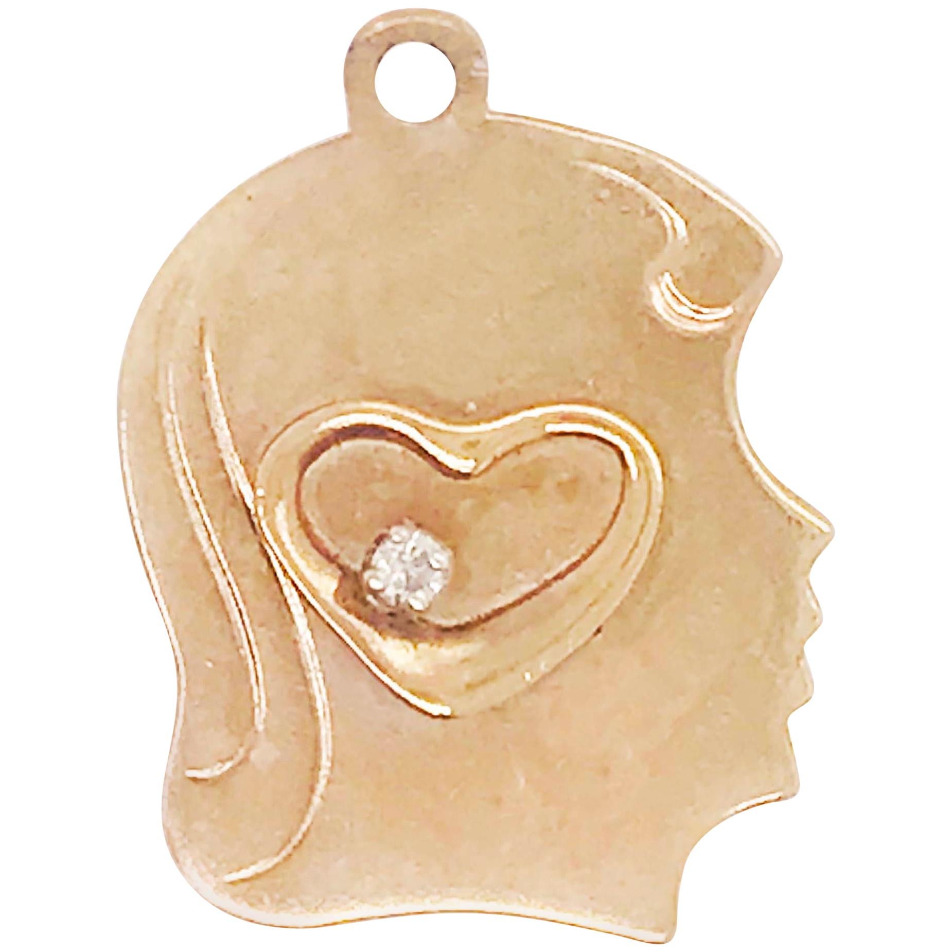0.03 Carat Diamond Heart and Child's Profile Engrave-Able Charm in 14 Karat Gold