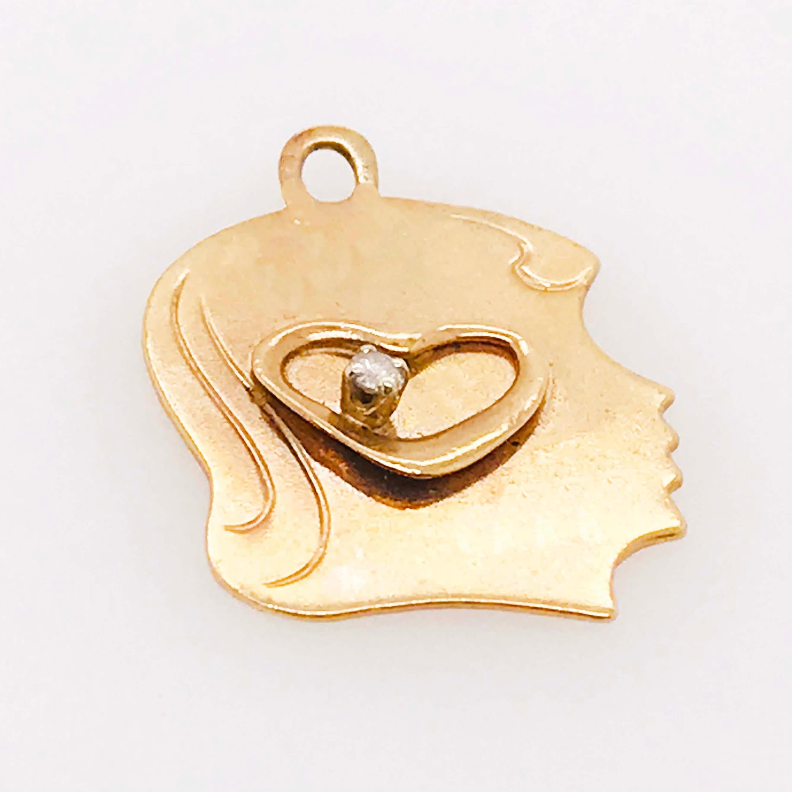 Mixed Cut 0.03 Carat Diamond Heart and Child's Profile Engrave-Able Charm in 14 Karat Gold