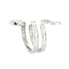 0.03 Ct Ruby and 1.23 Ct Diamonds 18kt White Gold Snake Ring Cocktail