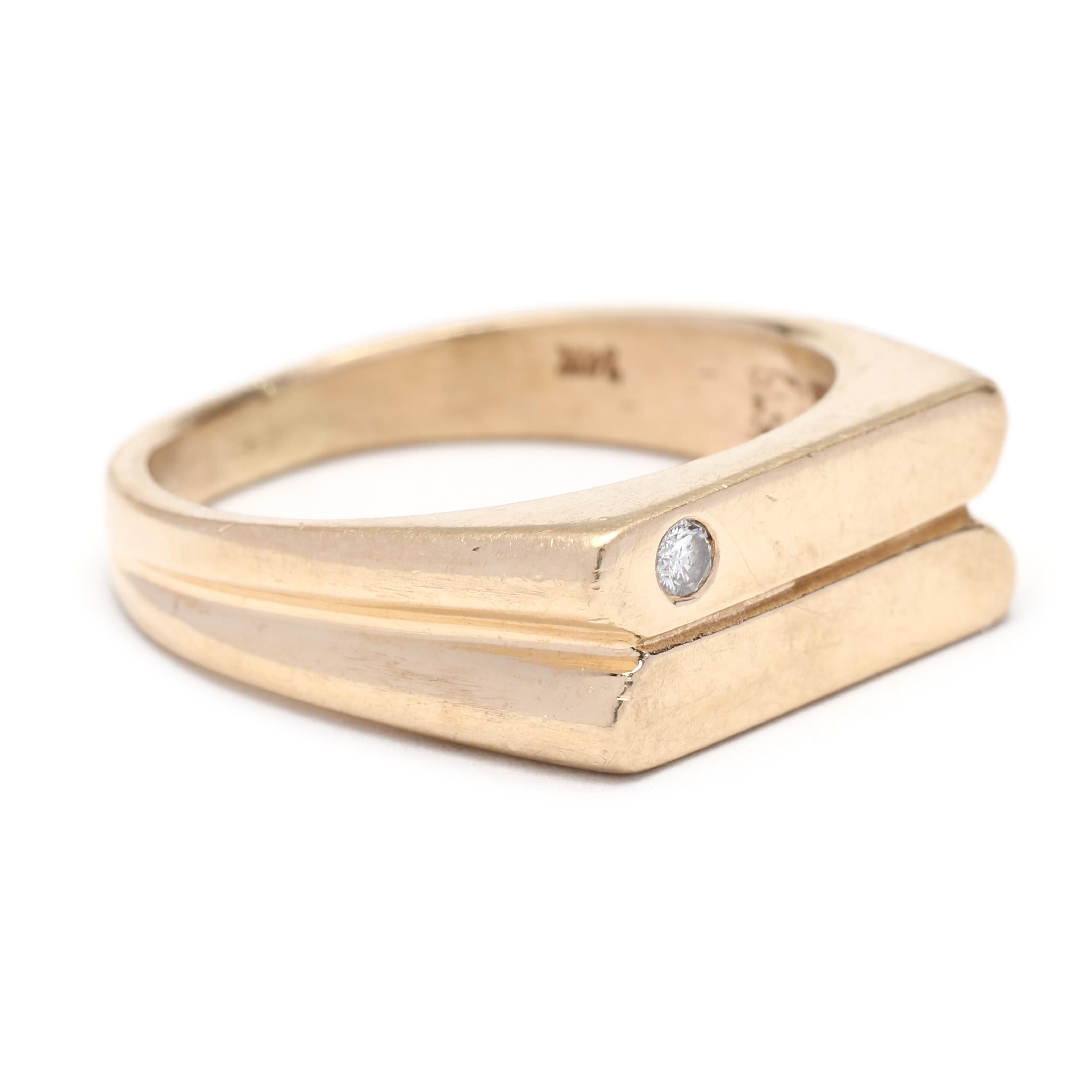Add a touch of elegance to your look with this exquisite 14K yellow gold signet ring! An eye-catching 0.03ct diamond is set in a horizontal orientation at the center for added brilliance. The perfect modern twist on a timeless classic, this ring is