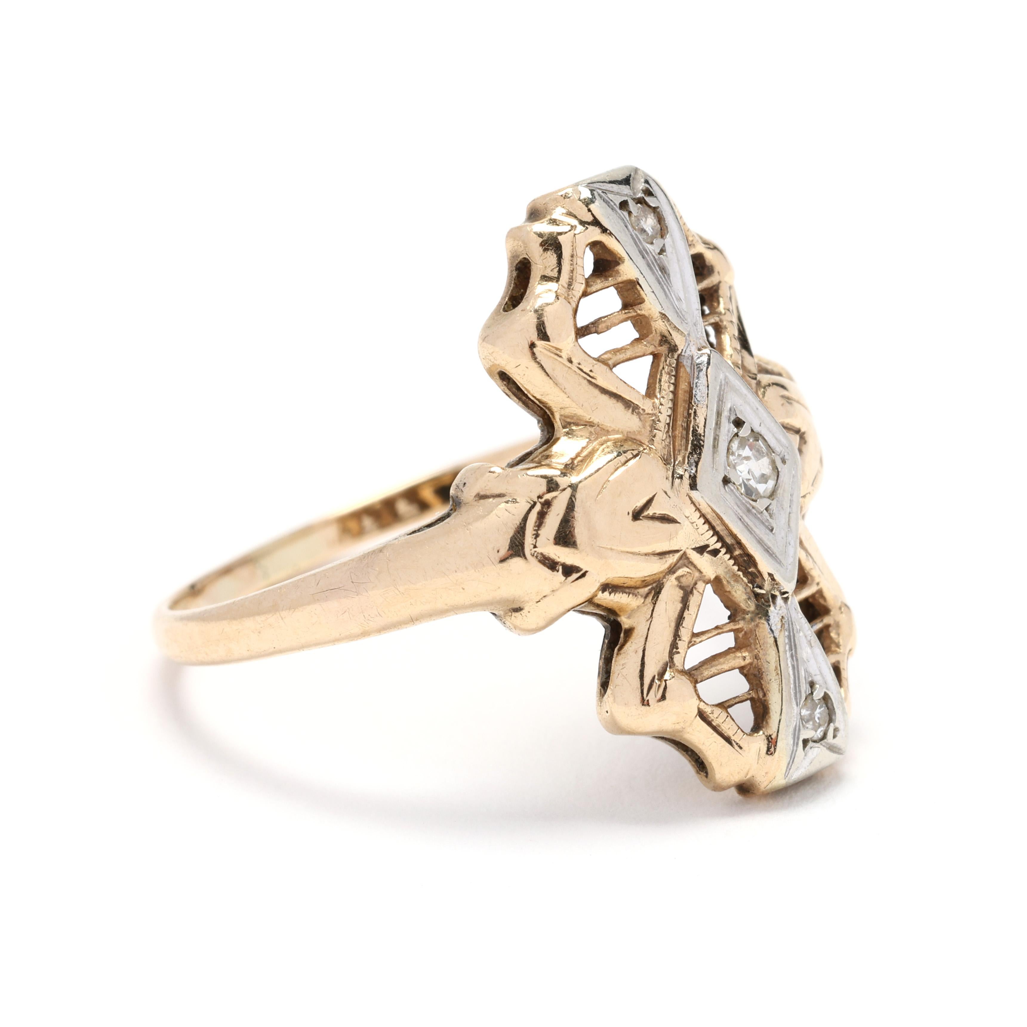 Embrassez l'élégance avec notre bague Navette à diamant de 0,03ctw, réalisée en luxueux or jaune et blanc 14k. Cette bague exquise présente un motif de navette (marquise) orné de diamants étincelants totalisant 0,03 carat. Les détails complexes et