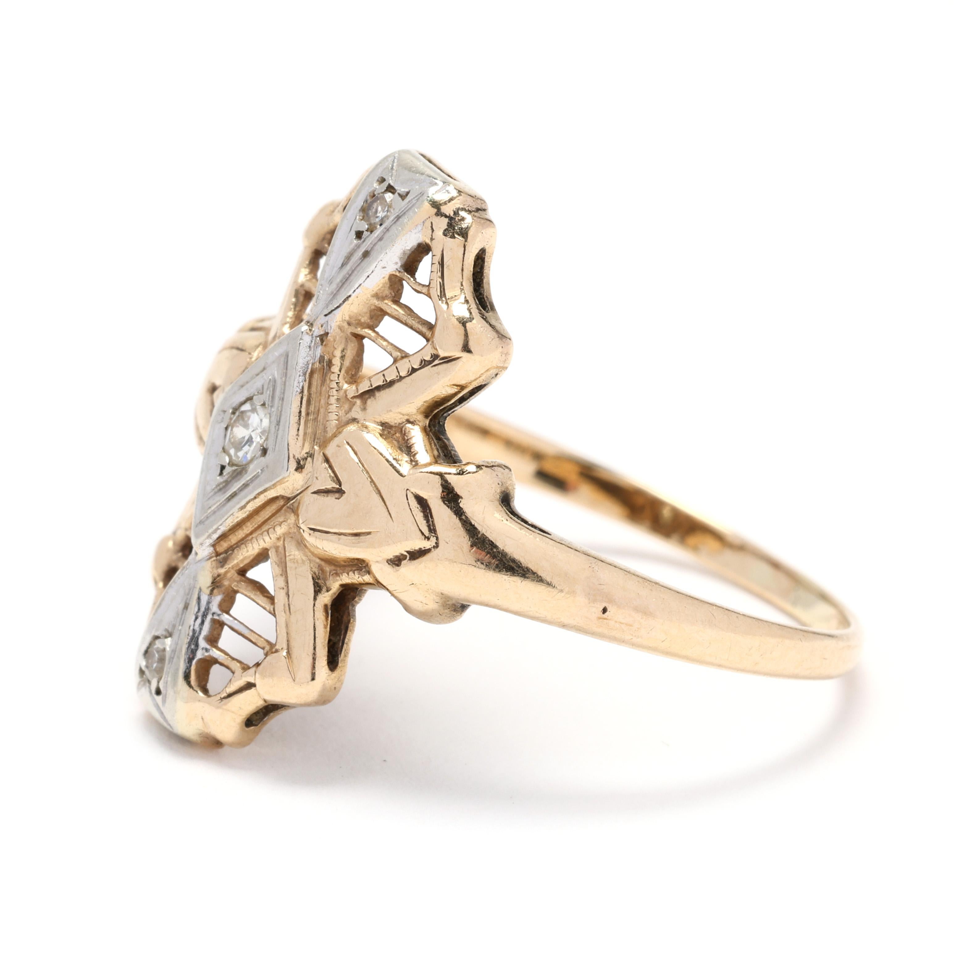 Bague navette en or jaune et blanc 14 carats avec diamants 0,03 ctw, taille de bague 6,75 Bon état - En vente à McLeansville, NC