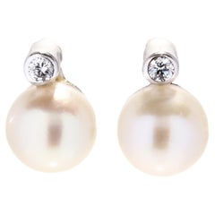 0.03ctw Diamond Pearl Stud Earrings, 14K White Gold, Length 5/16 Inch