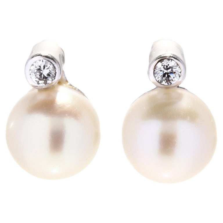 0.03ctw Diamond Pearl Stud Earrings, 14K White Gold, Simple For Sale at