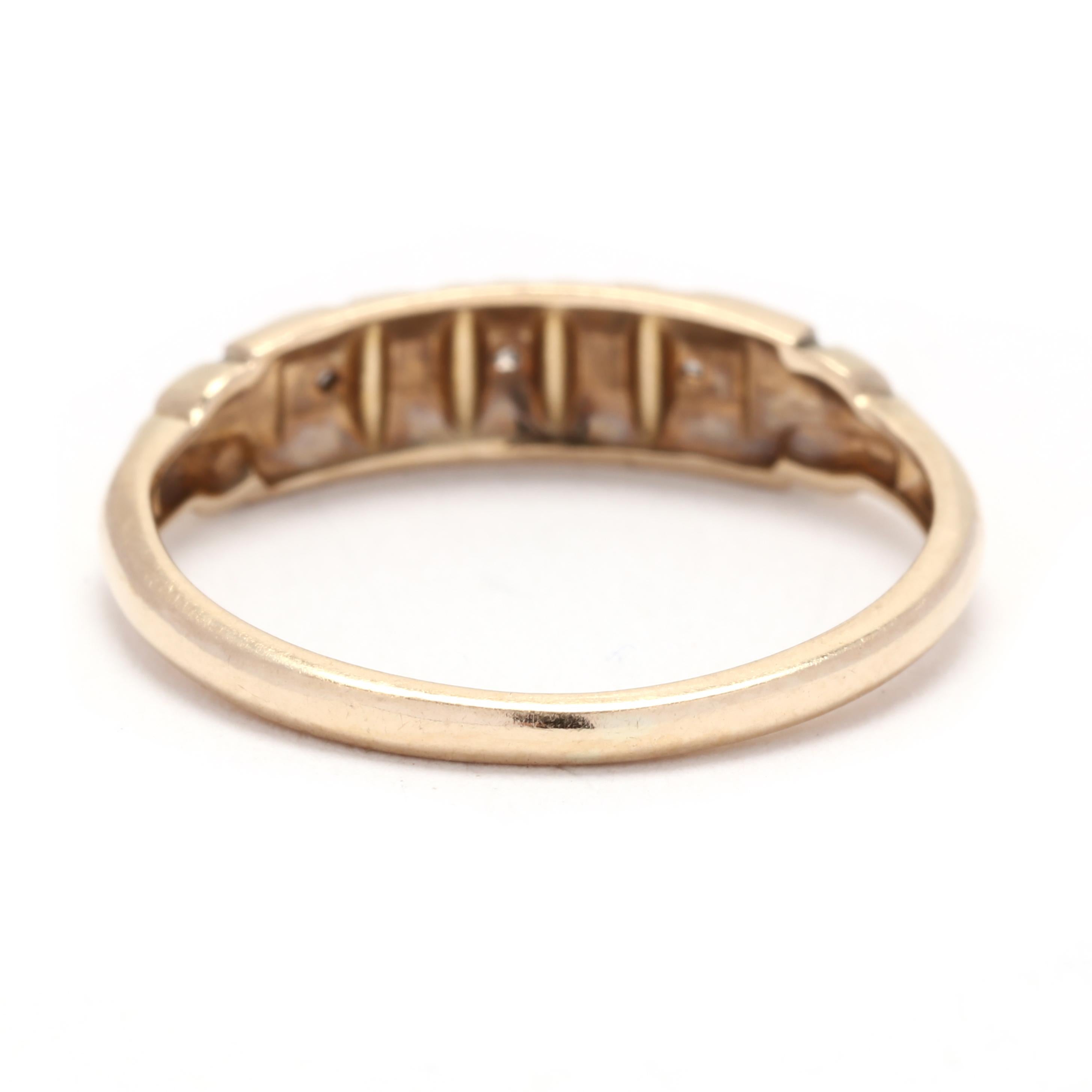 This Retro Diamond Wedding Band is a stunning and unique choice for your special day. Made with 14K yellow gold, this ring features a thin band with a total carat weight of 0.03. The diamonds are round cut and set in a retro-inspired