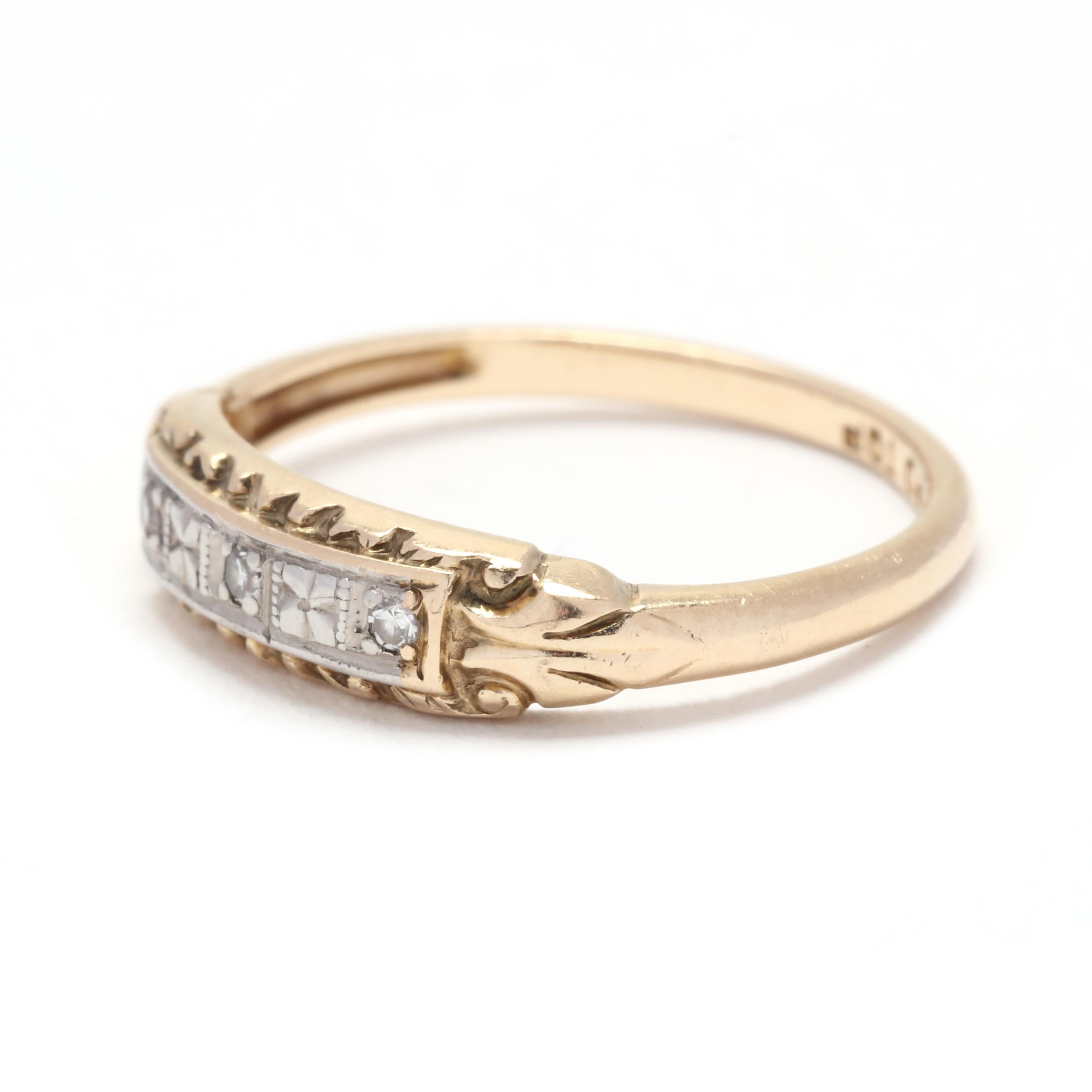 Round Cut 0.03ctw Retro Diamond Wedding Band, 14K Yellow Gold, Ring Size 4.25, Stackable 