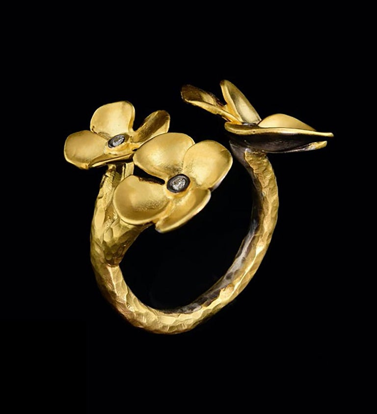 Byzantine 0.04 Carat Diamond 24K Gold Flora Ring Trio Flower Cocktail Ring by Kurtulan For Sale