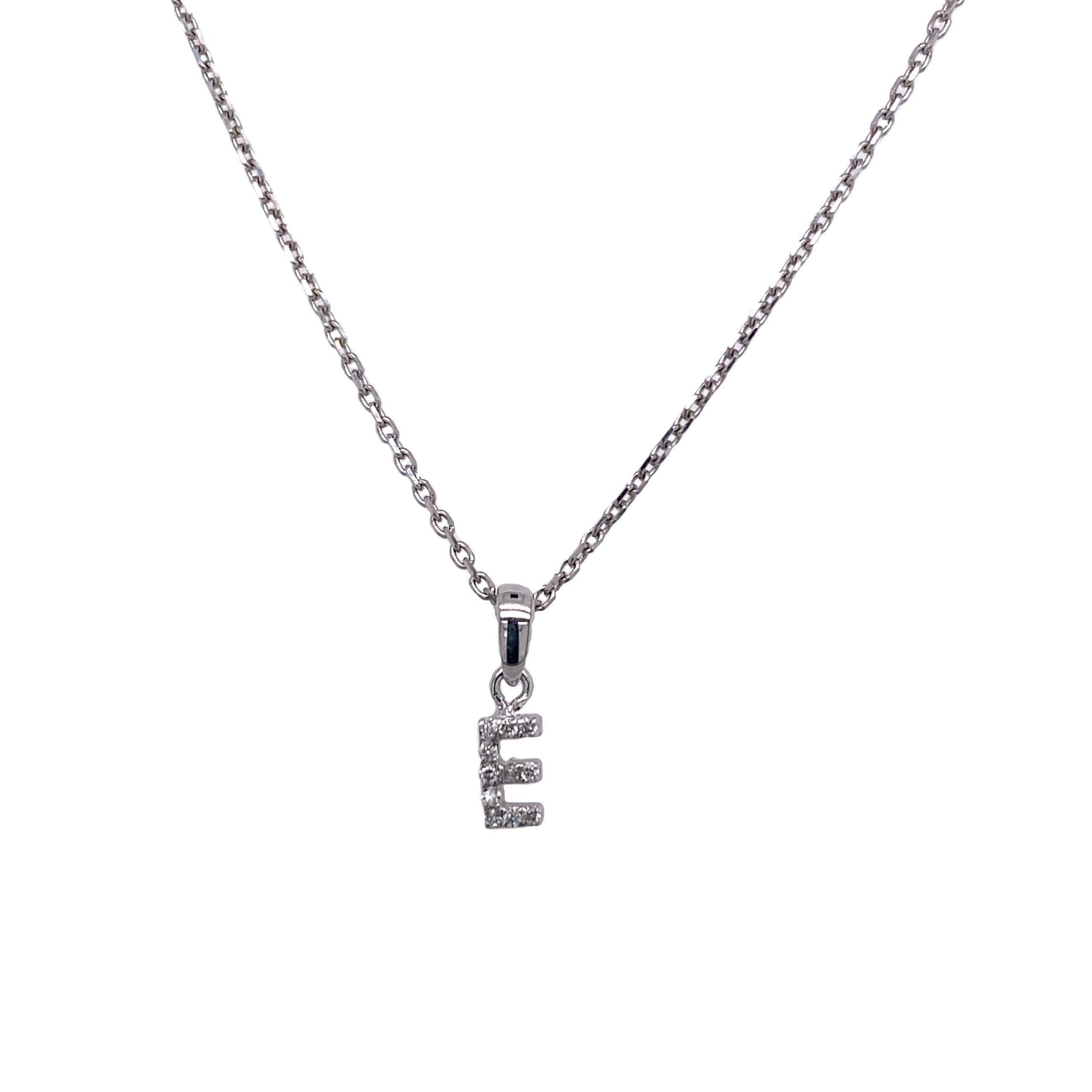 14ct White Gold Initial Pendant Letter “E” Set With 0.04ct Diamond On a 16″ Chain

Additional Information:
Total Diamond Weight: 0.04ct
Diamond Colour: G/H
Diamond Clarity: SI
Total Weight Chain: 1.6g
Necklace Length: 16