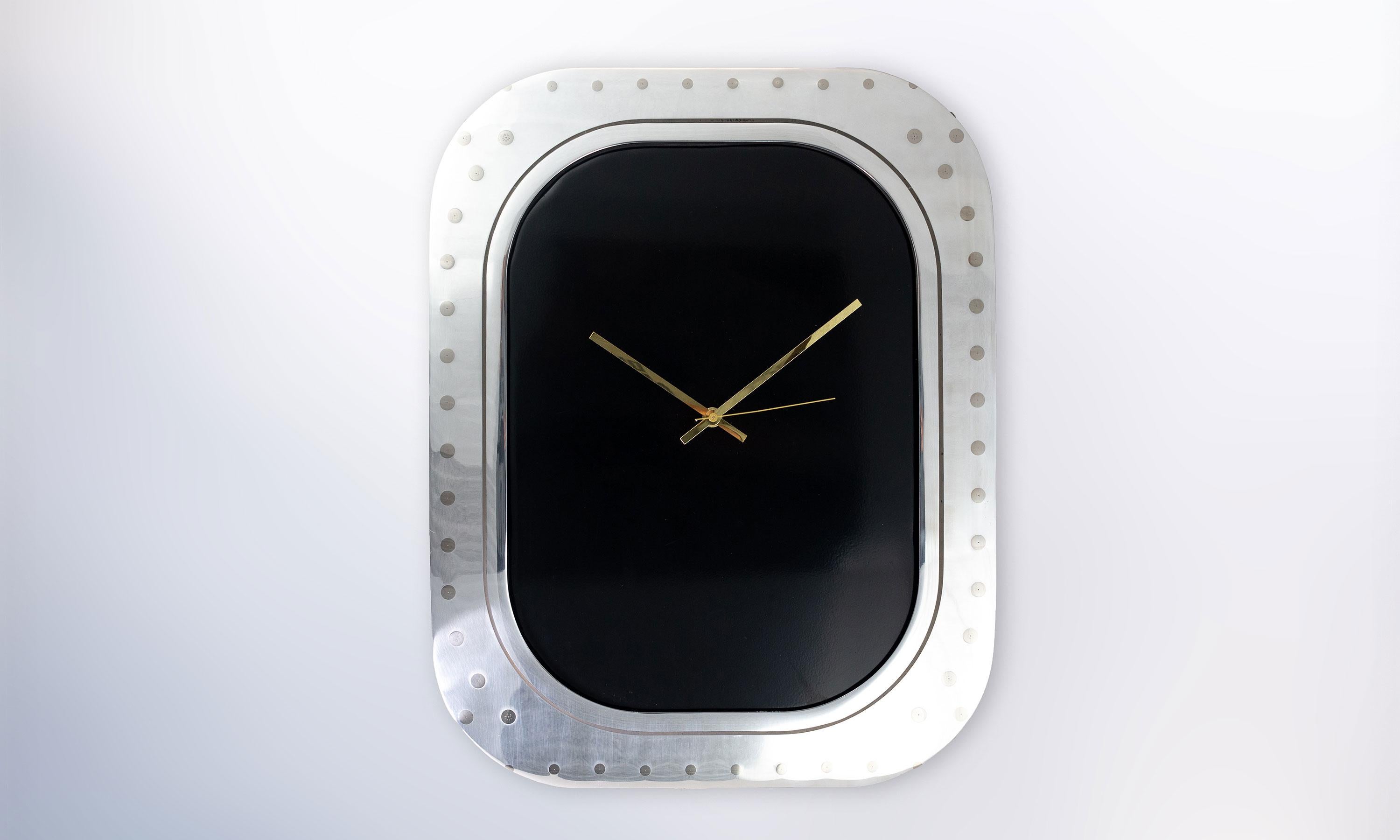 Industrial #005-Boeing 747 Window Clock, Polished Aluminium and Black Face and No Numbers For Sale